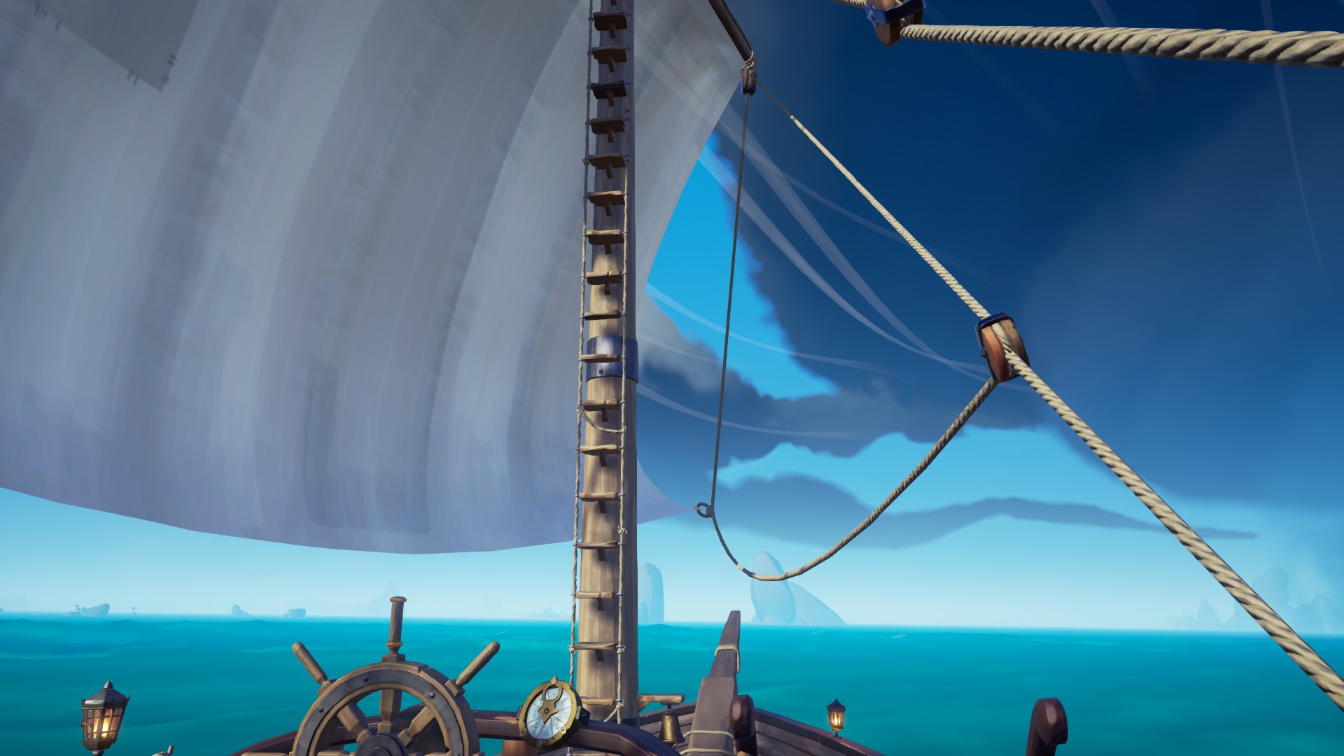 Hình ảnh con tàu Galleon trong Sea of Thieves đang lướt sóng với tất cả cánh buồm căng gió.