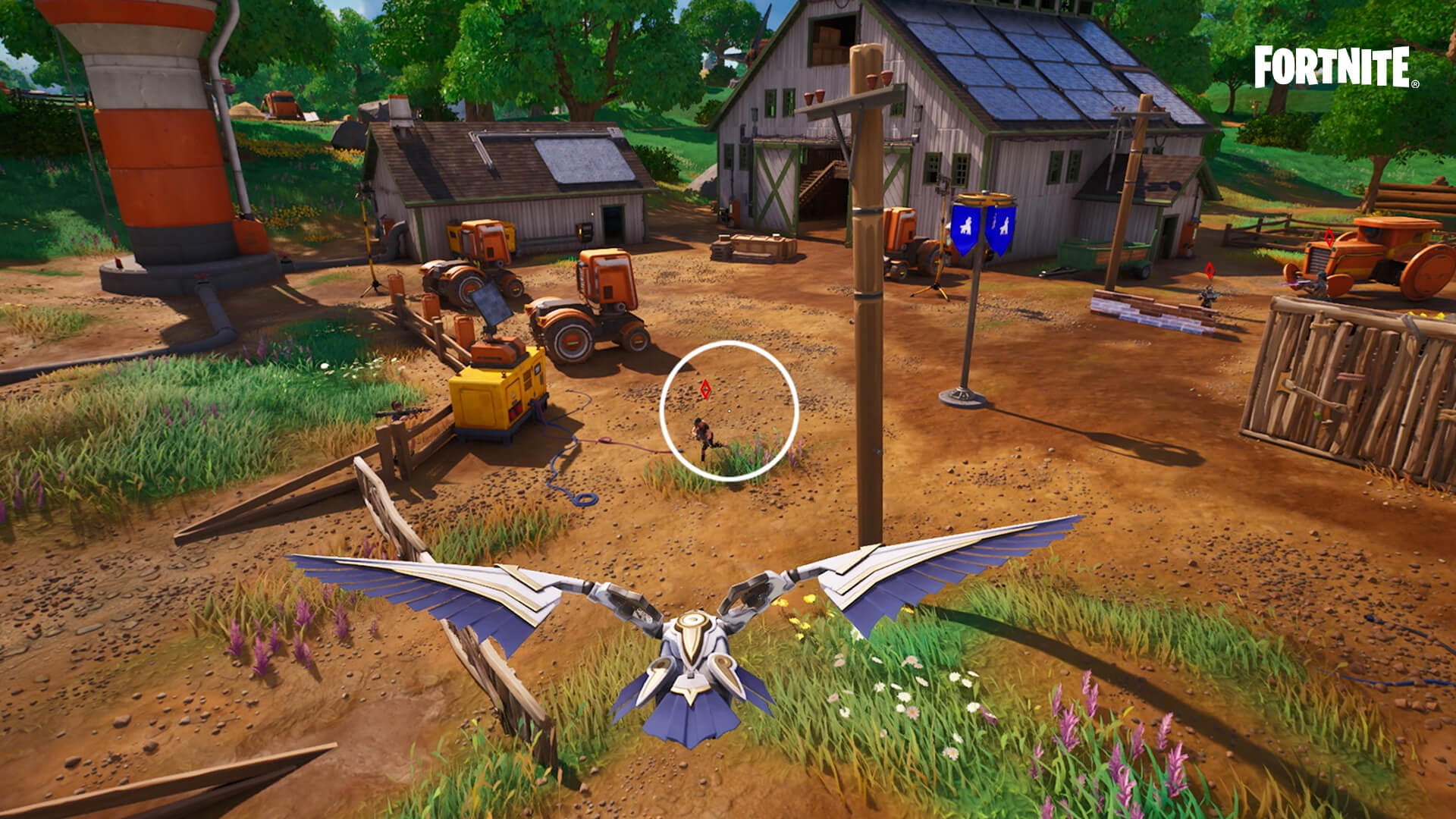 Hình ảnh Falcon Scout đang bay lượn trong game Fortnite để trinh sát hoặc hỗ trợ đồng đội