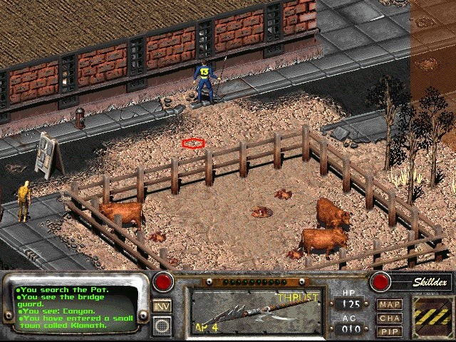 Hình ảnh Fallout 2: hiển thị Vault Dweller cầm giáo gần khu chuồng Brahmin.
