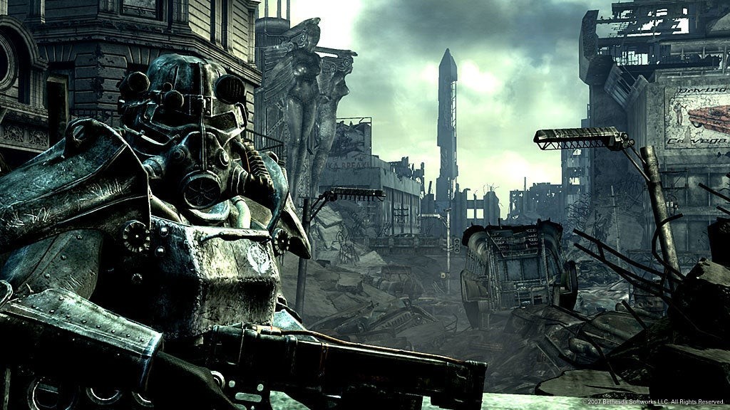 Hình ảnh Fallout 3: hiển thị một Hiệp sĩ Brotherhood of Steel nhìn vào máy ảnh với phế tích của Washington DC ở phía sau.