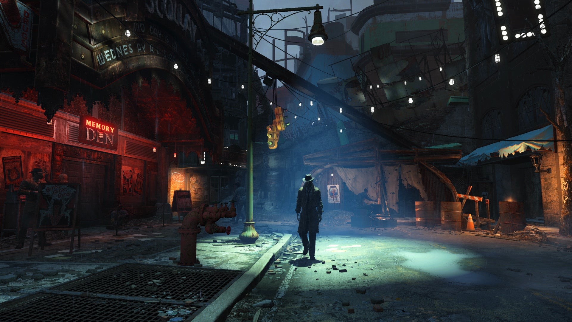 Hình ảnh Fallout 4: hiển thị thám tử synth Nick Valentine đi dạo trên đường phố Diamond City dưới ánh đèn đường.
