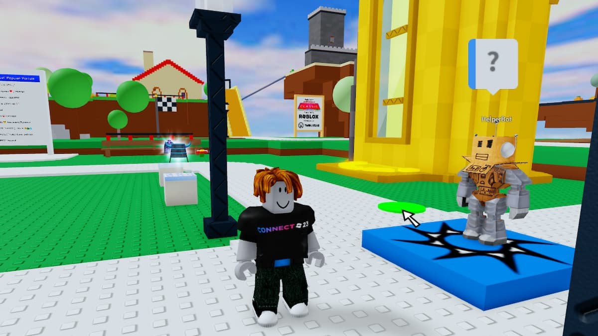 Hình ảnh Helper Bot bằng kim loại trong sự kiện Roblox The Classic gần con vịt vàng