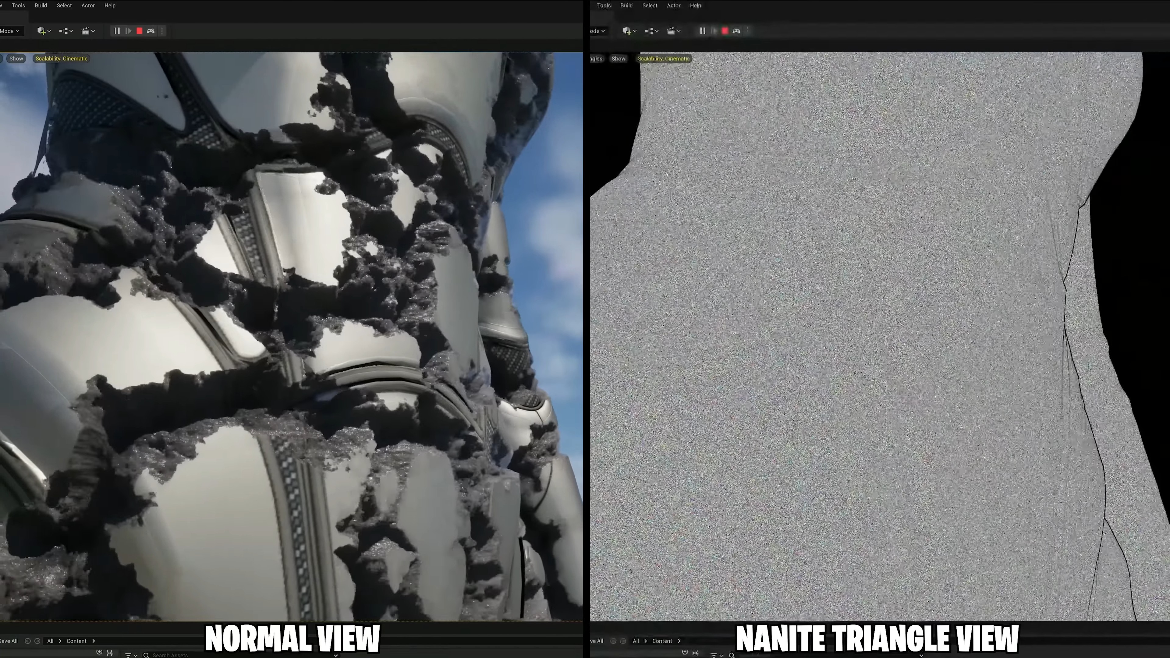 Hình ảnh hiển thị góc nhìn tam giác bình thường và Nanite của một nhân vật với Unreal Engine 5