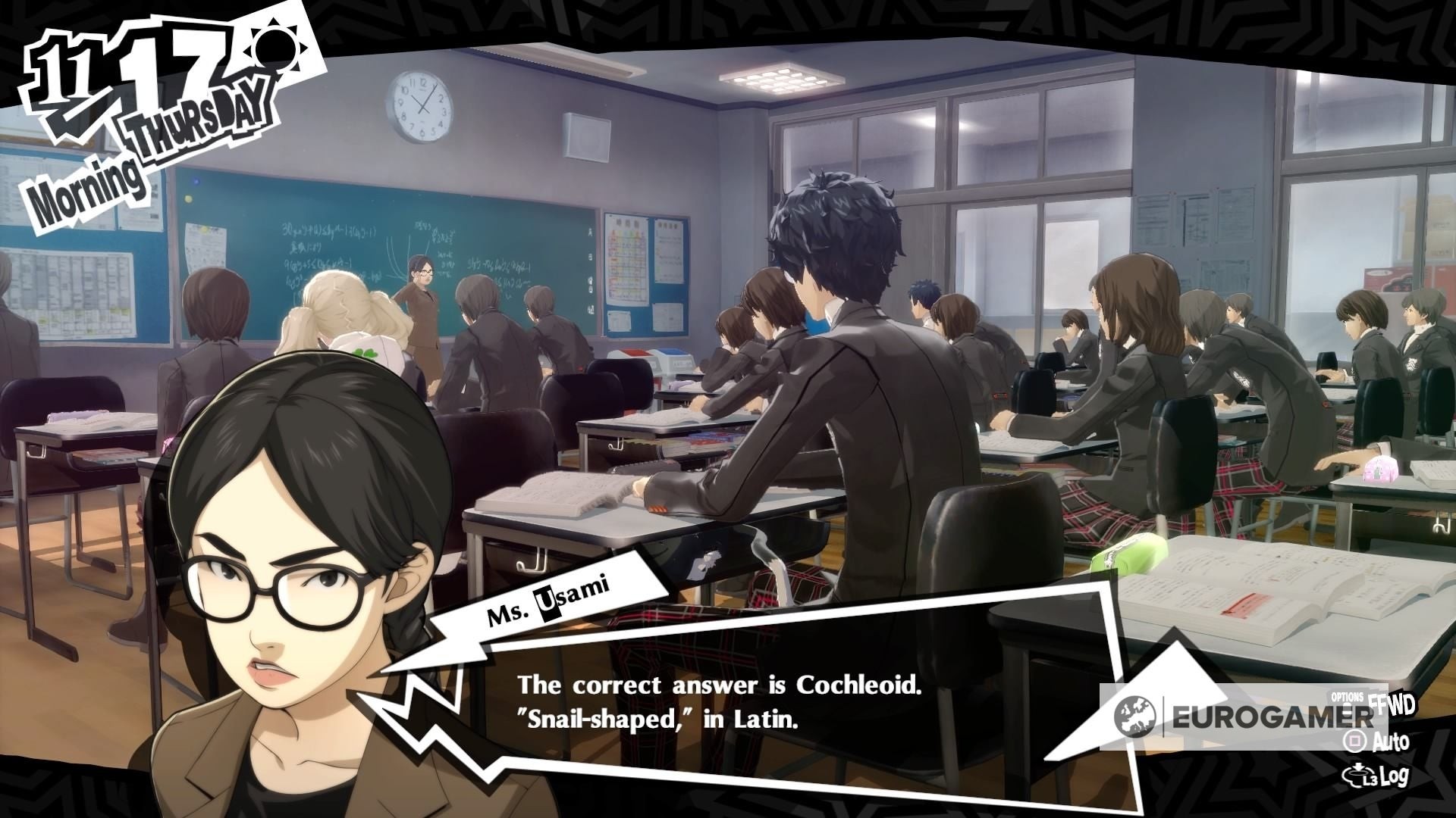 Hình ảnh một câu hỏi kiểm tra trên lớp trong game Persona 5 Royal