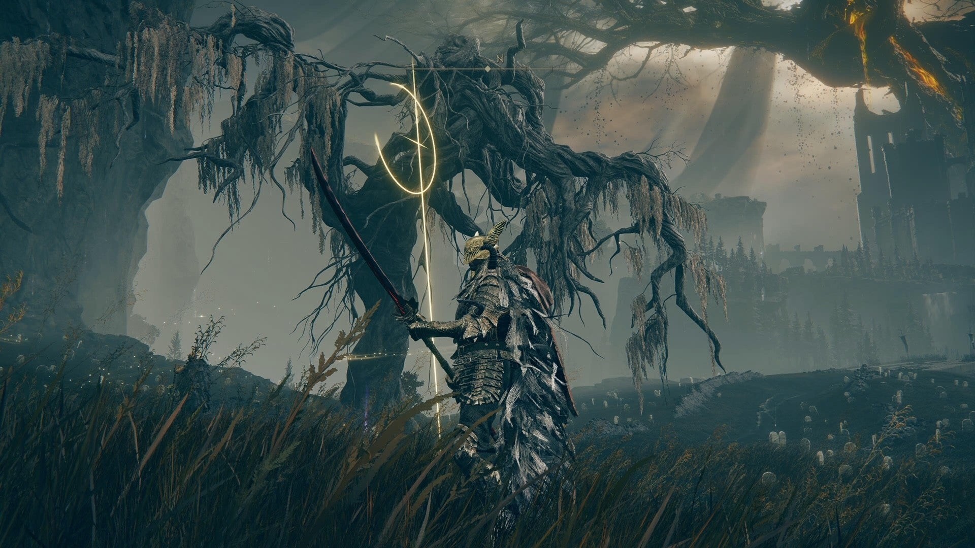 Hình ảnh nhân vật cạnh biểu tượng vàng trong Elden Ring: Shadow of the Erdtree