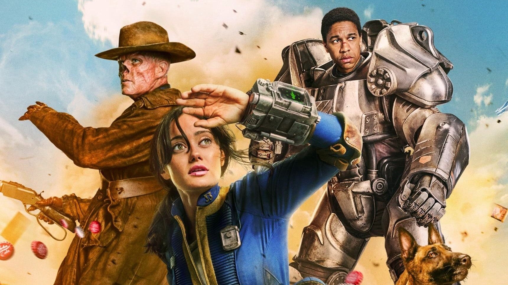 Hình ảnh quảng cáo loạt phim truyền hình Fallout của Amazon cho thấy Vault Dweller Lucy do Ella Purnell thủ vai, được Walton Goggins bao quanh