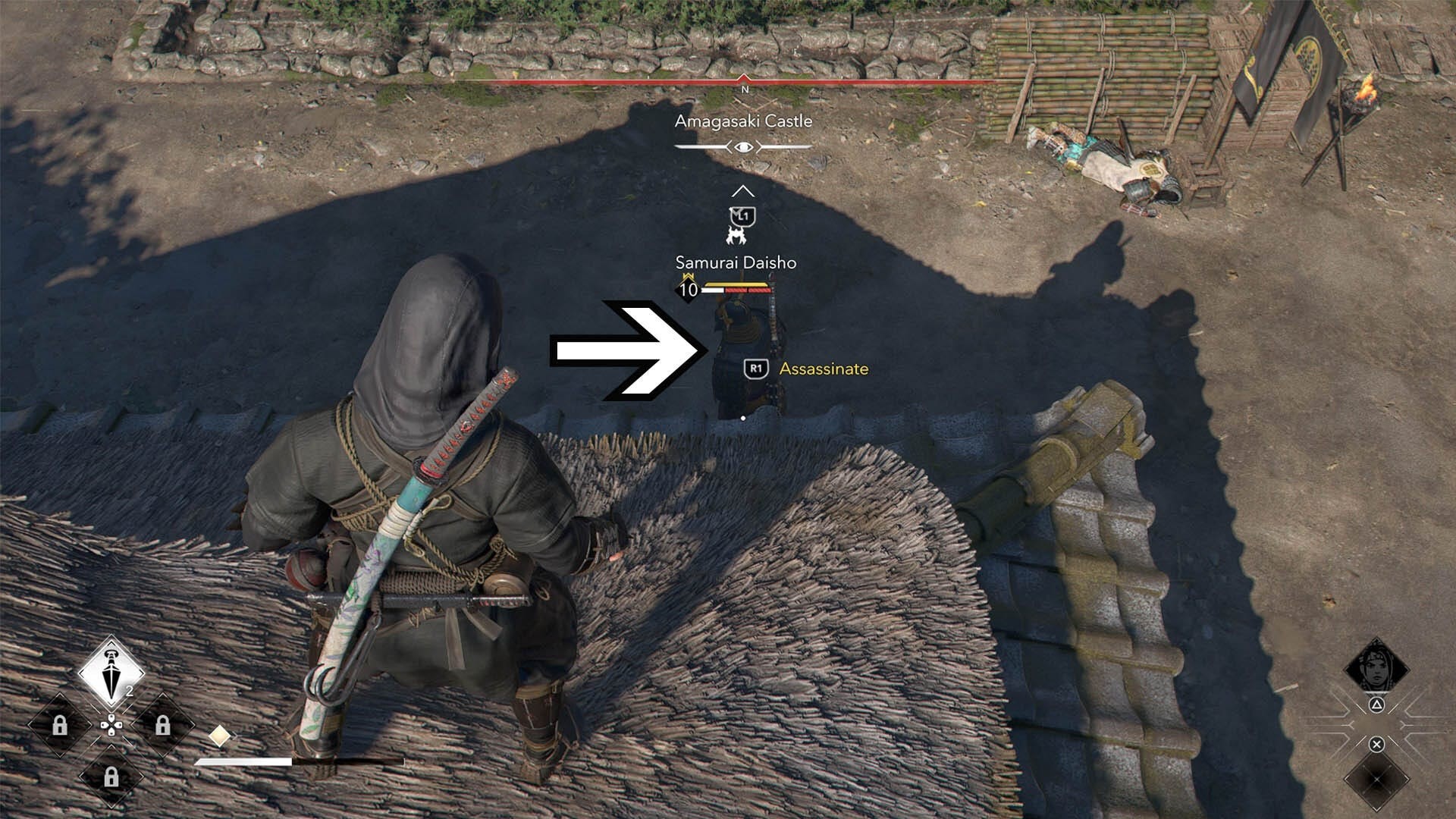 Hình ảnh Samurai thứ ba gần tháp viewpoint tại Lâu đài Amagasaki, Assassin's Creed Shadows