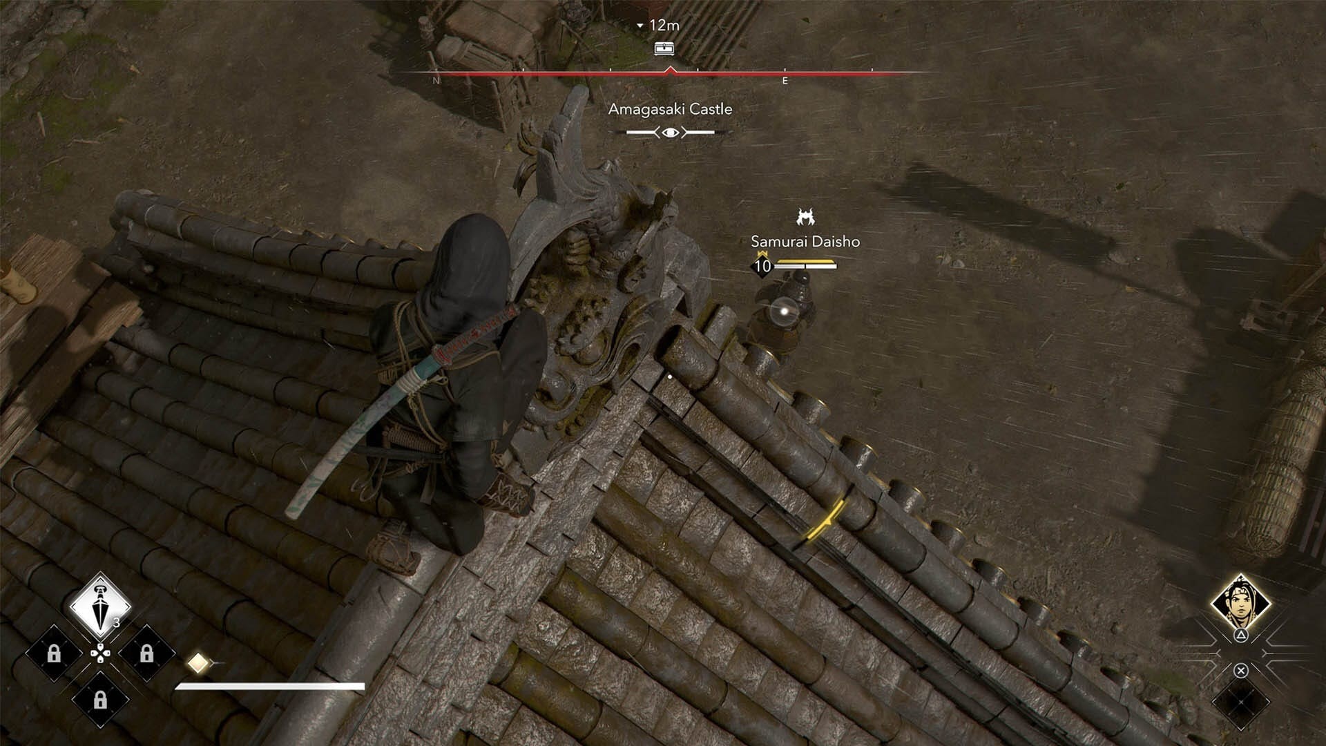 Hình ảnh Samurai thứ nhất đang tuần tra tại Lâu đài Amagasaki, Assassin's Creed Shadows