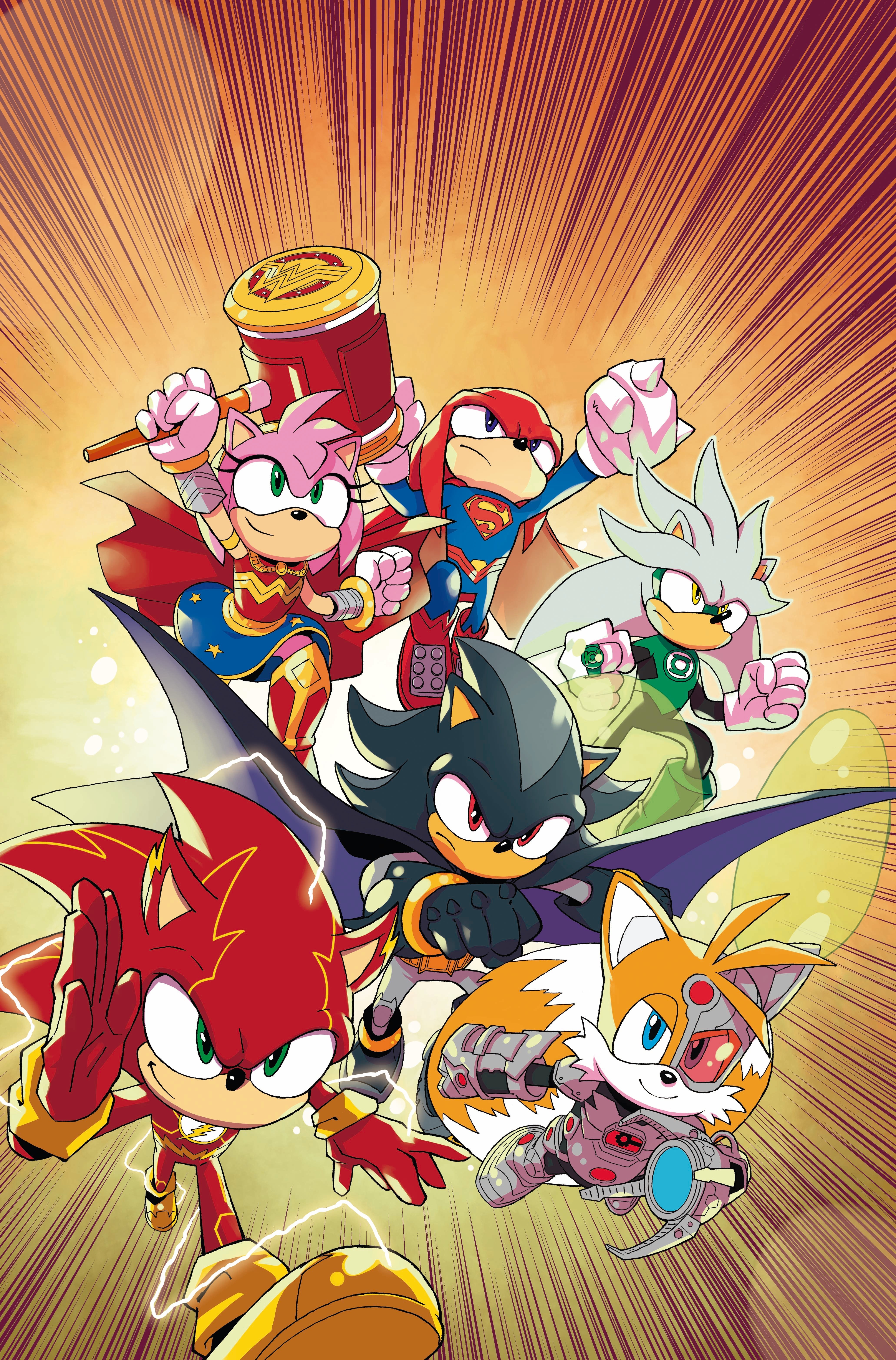 Hình ảnh Sonic và DC comic crossover với nhóm nhân vật mặc trang phục Justice League
