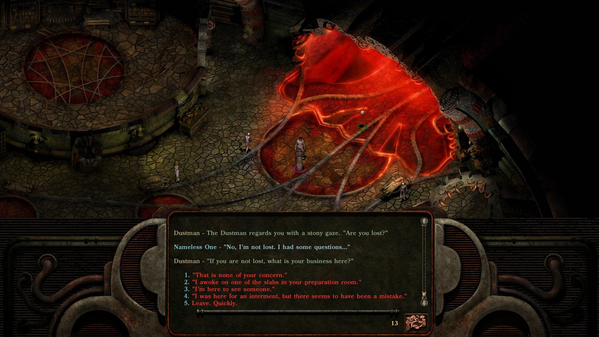 Hình ảnh The Nameless One nói chuyện với một Dustman trong Planescape Torment: Enhanced Edition