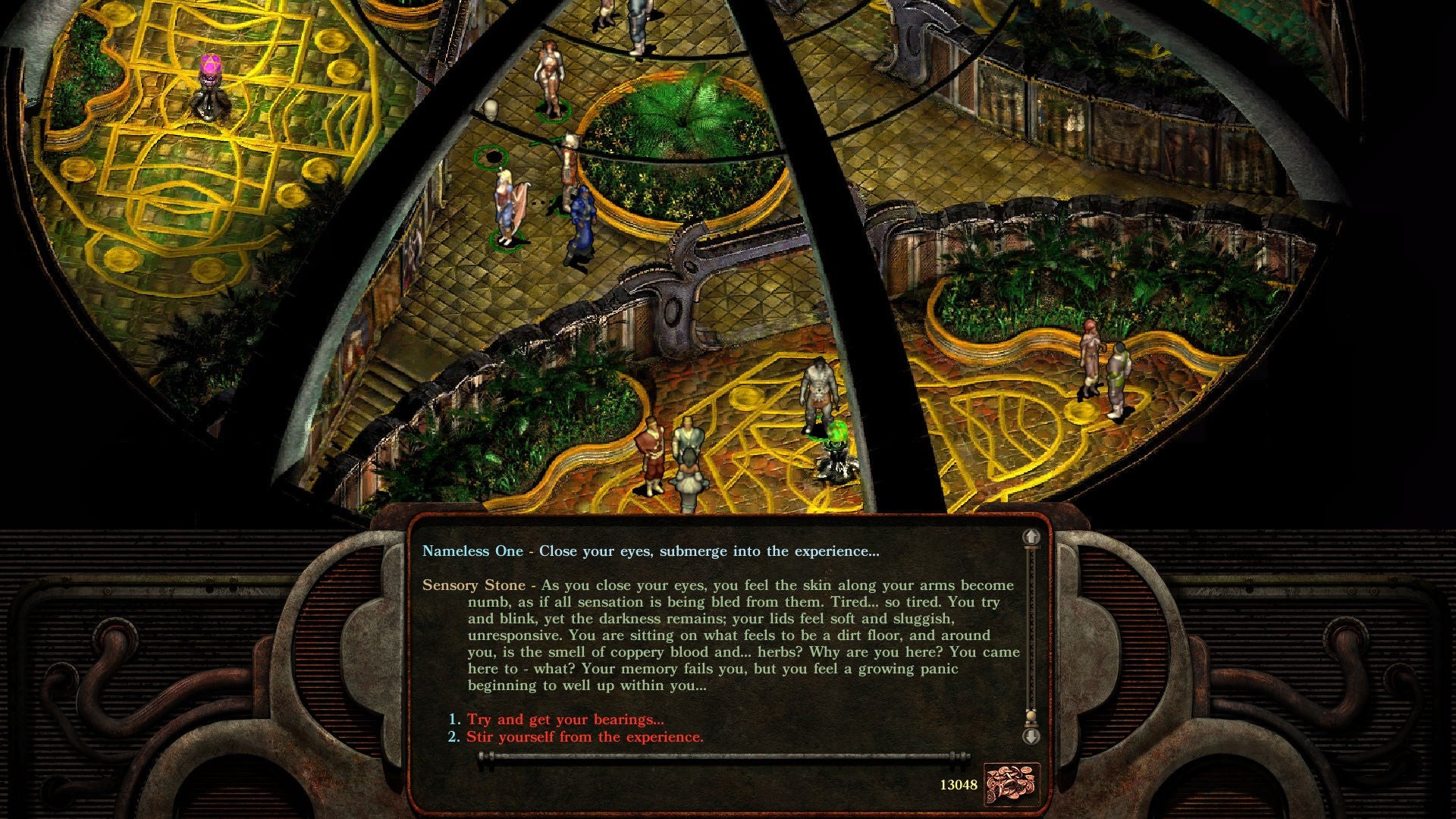 Hình ảnh The Nameless One tương tác với một sensory stone trong Planescape Torment: Enhanced Edition