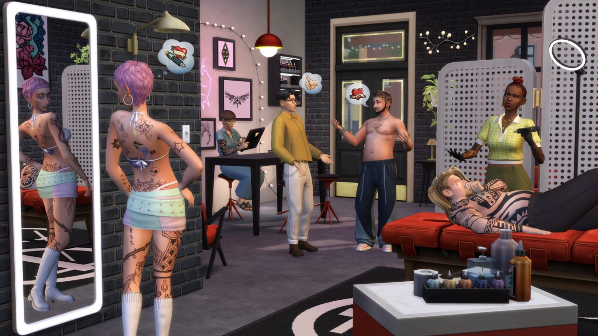 Hình ảnh tiệm xăm trong bản mod Businesses and Hobbies của The Sims 4.