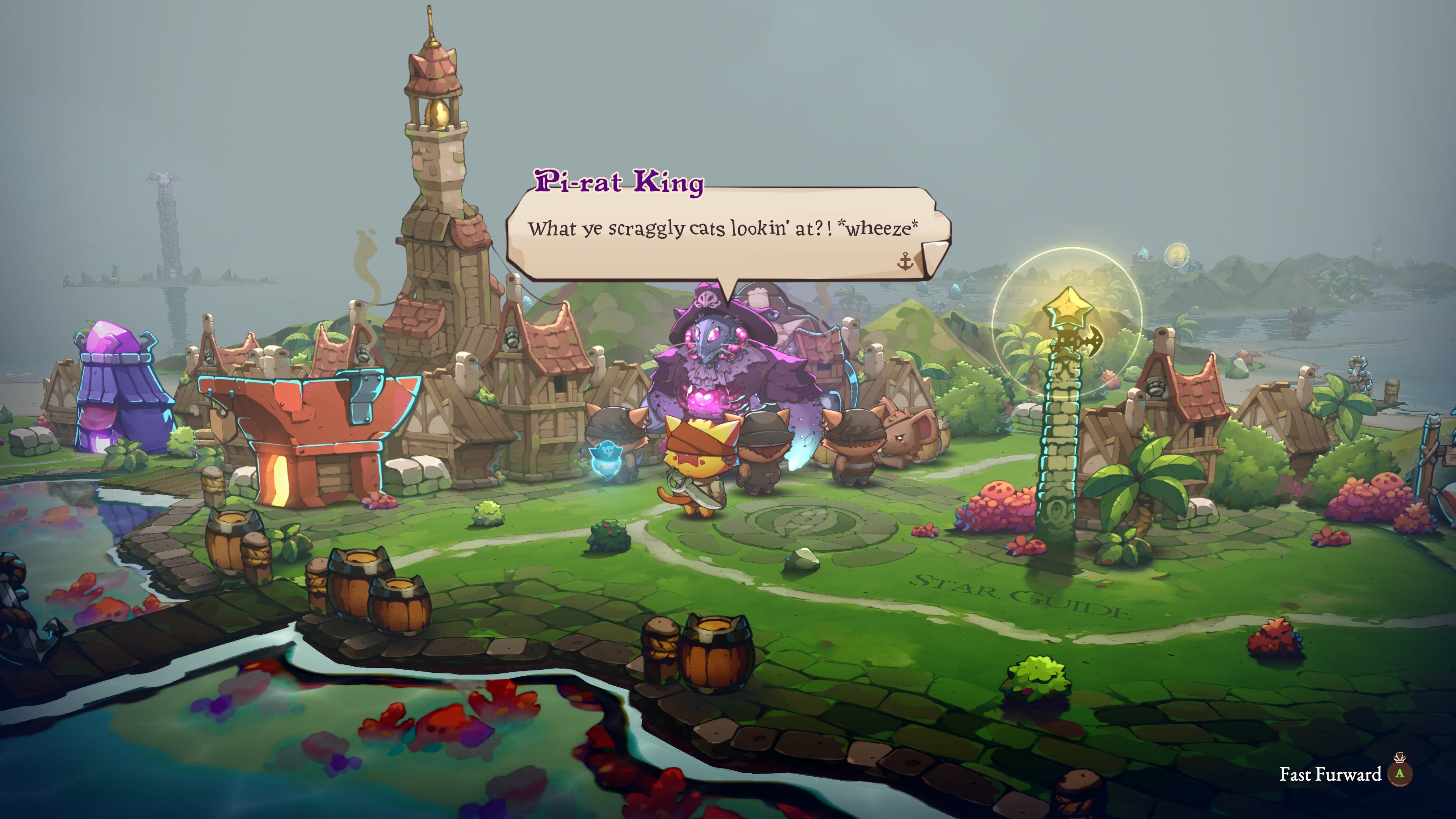 Hình ảnh trong Cat Quest 3 cho thấy nhân vật chính mèo đang trò chuyện với Vua Pi-rat, người đang nói