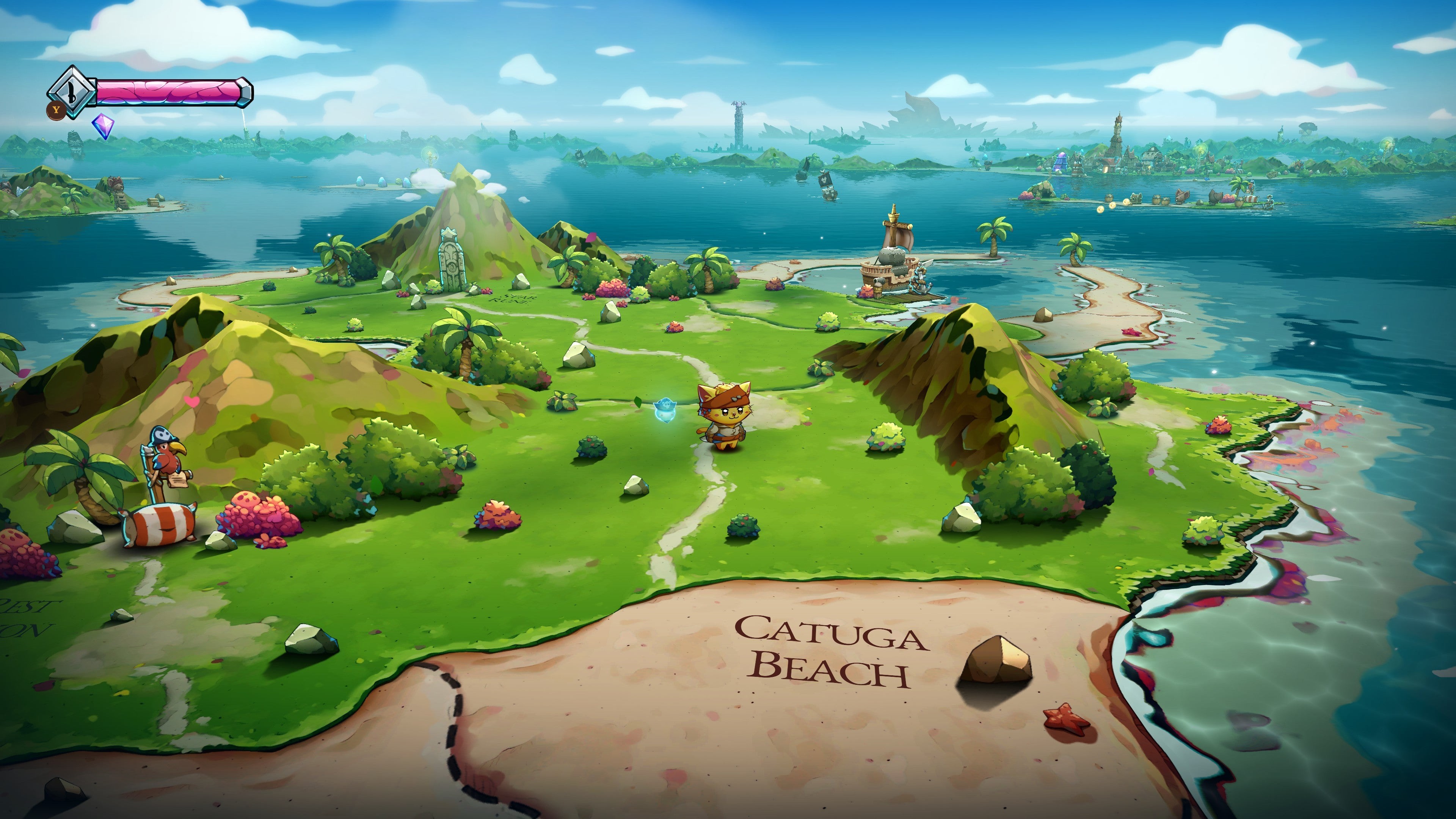 Hình ảnh trong Cat Quest 3 cho thấy nhân vật chính mèo trên bờ biển Catuga với các hòn đảo trải dài trên biển xanh phía sau