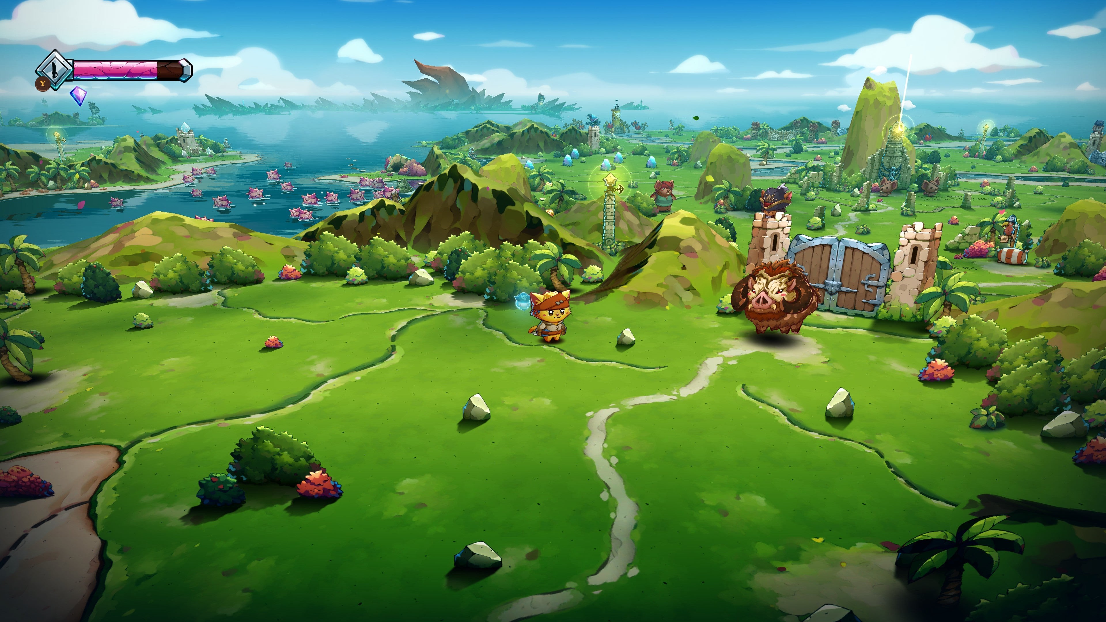 Hình ảnh trong Cat Quest 3 cho thấy nhân vật chính mèo trên một hòn đảo xanh tươi trong khi một con lợn rừng lớn canh giữ cổng lớn
