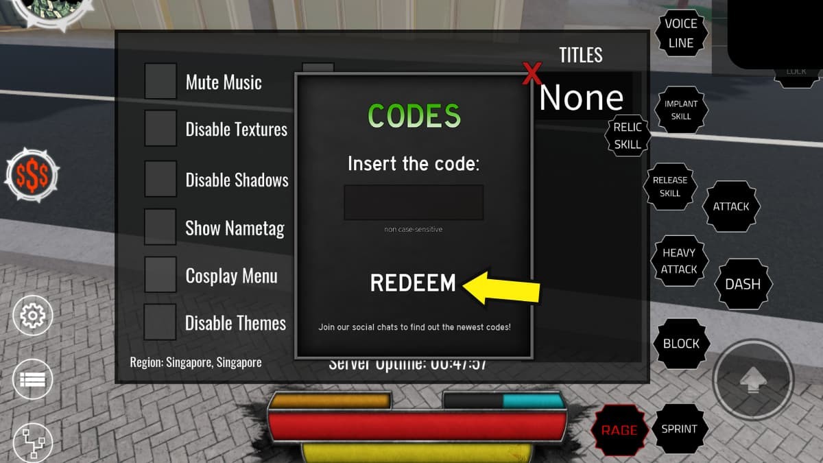 Hộp thoại nhập code trong Project Baki 2 sau khi nhấn Redeem Codes