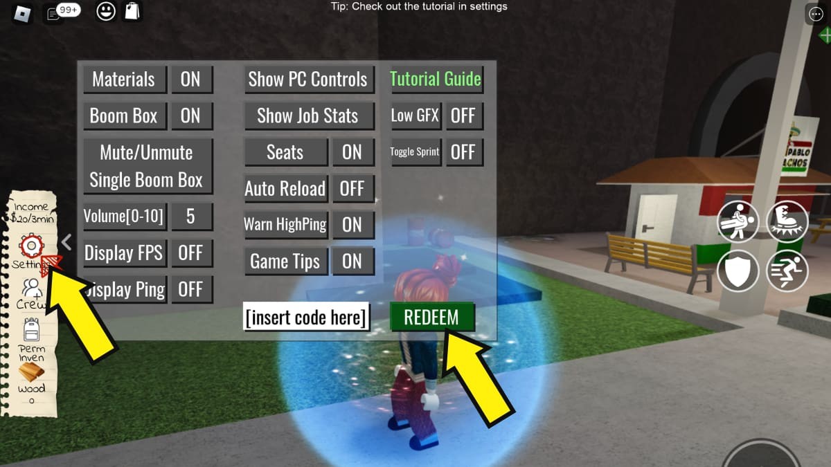 Hướng dẫn cách mở bảng nhập code Clover City Roblox qua biểu tượng Cài đặt và ô nhập code