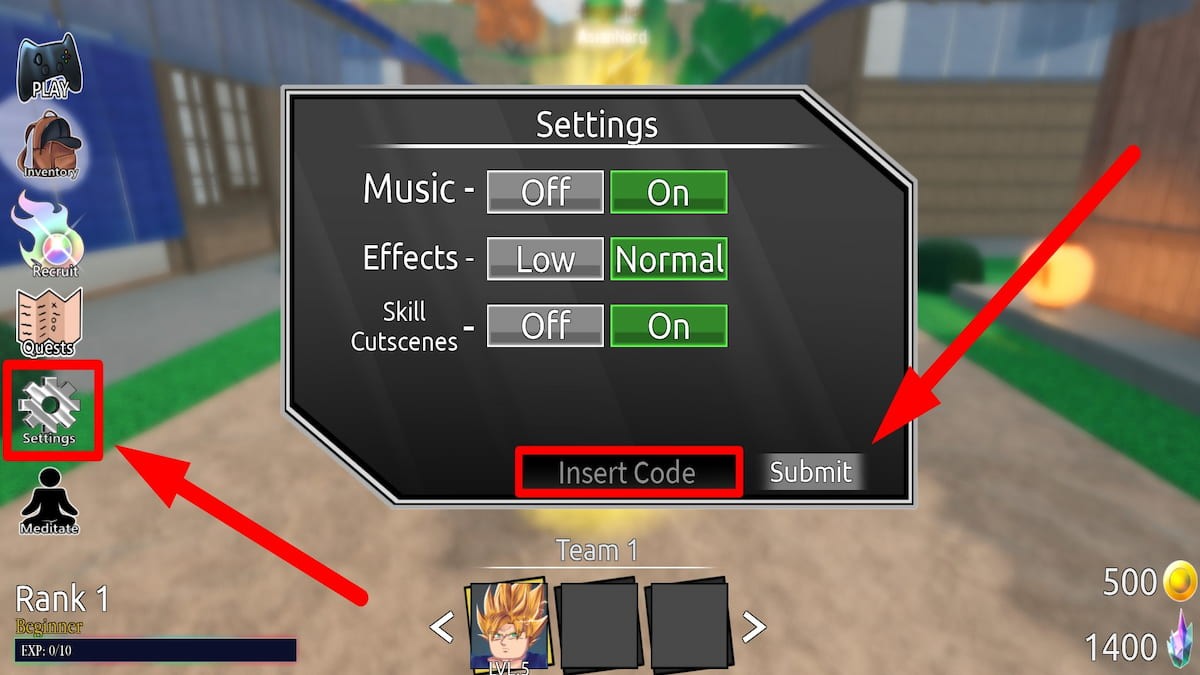 Hướng dẫn nhập code Aniverse Roblox trong ô Insert Code tại mục Settings