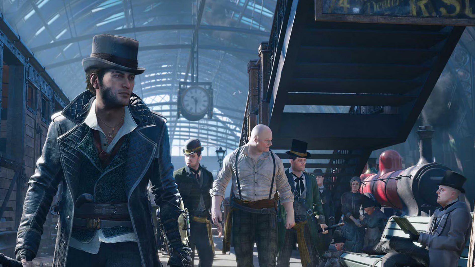 Jacob Frye đi bộ qua một nhà ga ở London thời Victoria trong Assassin's Creed Syndicate