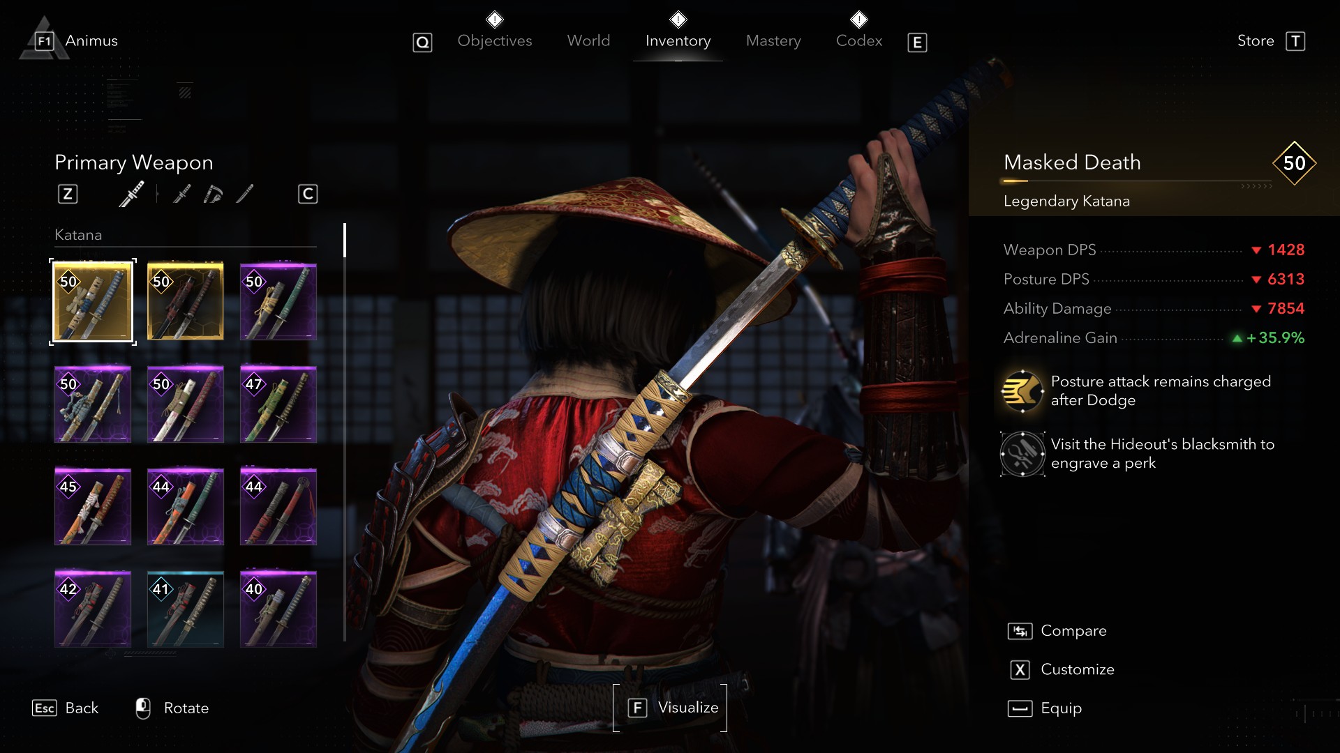 Katana Masked Death giúp Naoe duy trì đòn tấn công sau khi né tránh