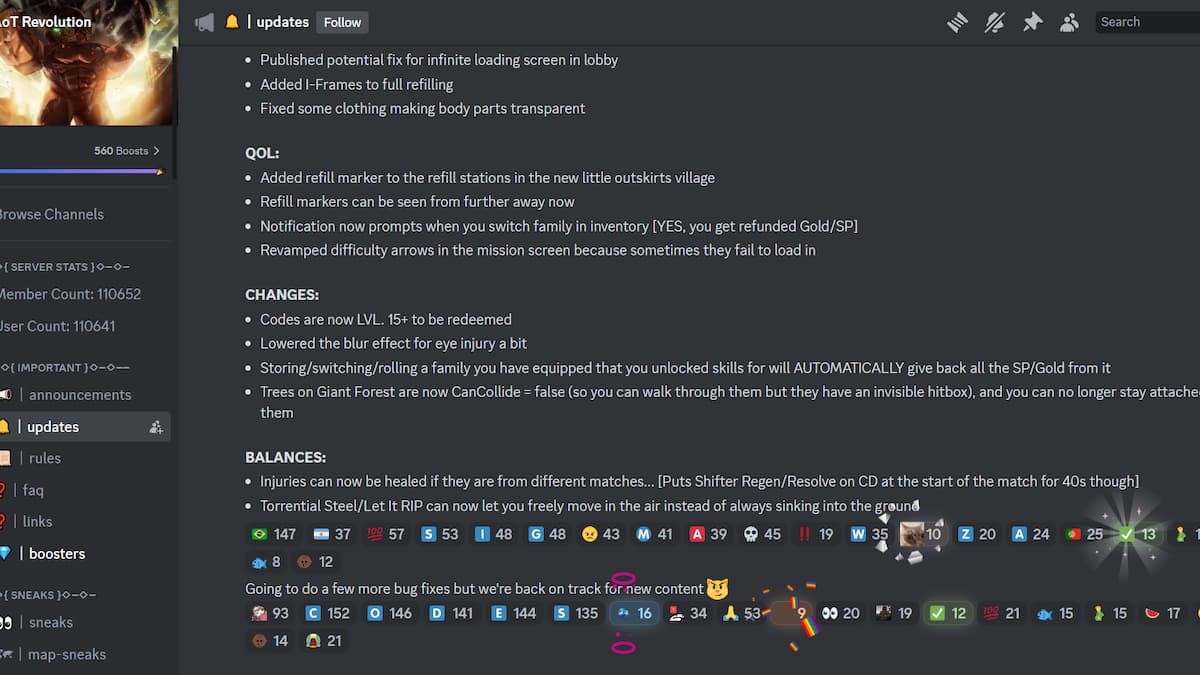 Kênh cập nhật trên Discord của Attack on Titan Revolution với các thông báo mới nhất