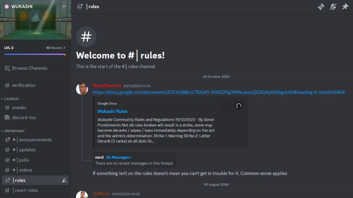 Kênh chat chính trên server Wukashi Discord với danh sách thành viên và các kênh thông báo