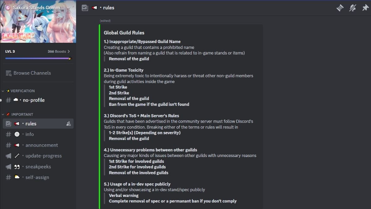 Kênh luật lệ (Rules) trên máy chủ Discord chính thức của Sakura Stand