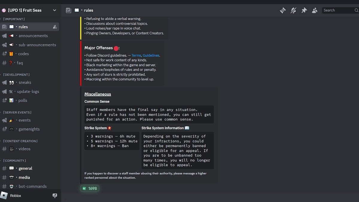 Kênh rules trên server Discord chính thức của Fruit Seas Roblox