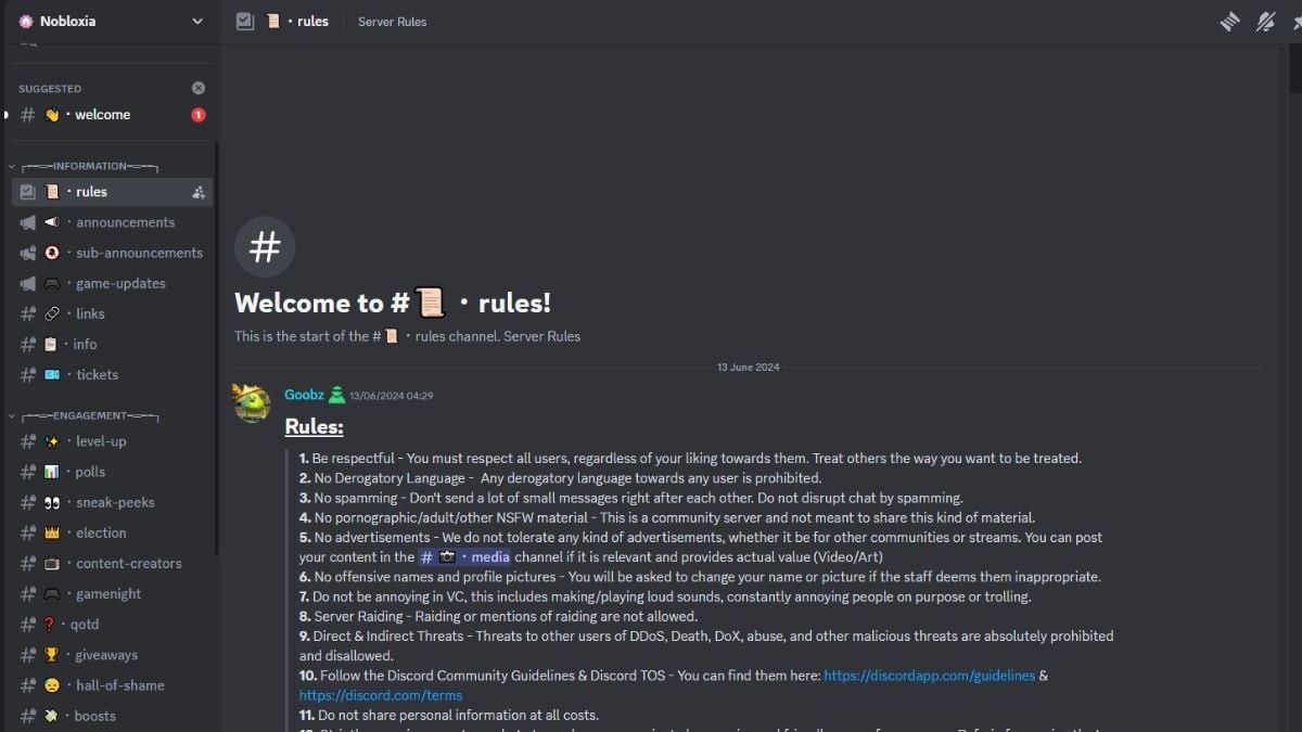 Kênh Rules trong máy chủ Discord Nobloxia của Rob a Convenience Store Simulator