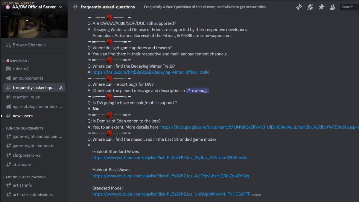 Kênh thông báo trên server Discord chính thức của game Roblox Decaying Winter