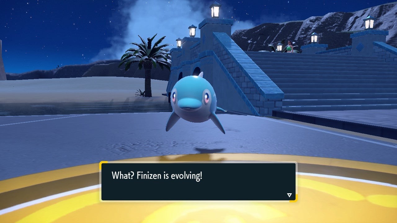 Khoảnh khắc Finizen tiến hóa thành Palafin trong Pokémon Scarlet Violet