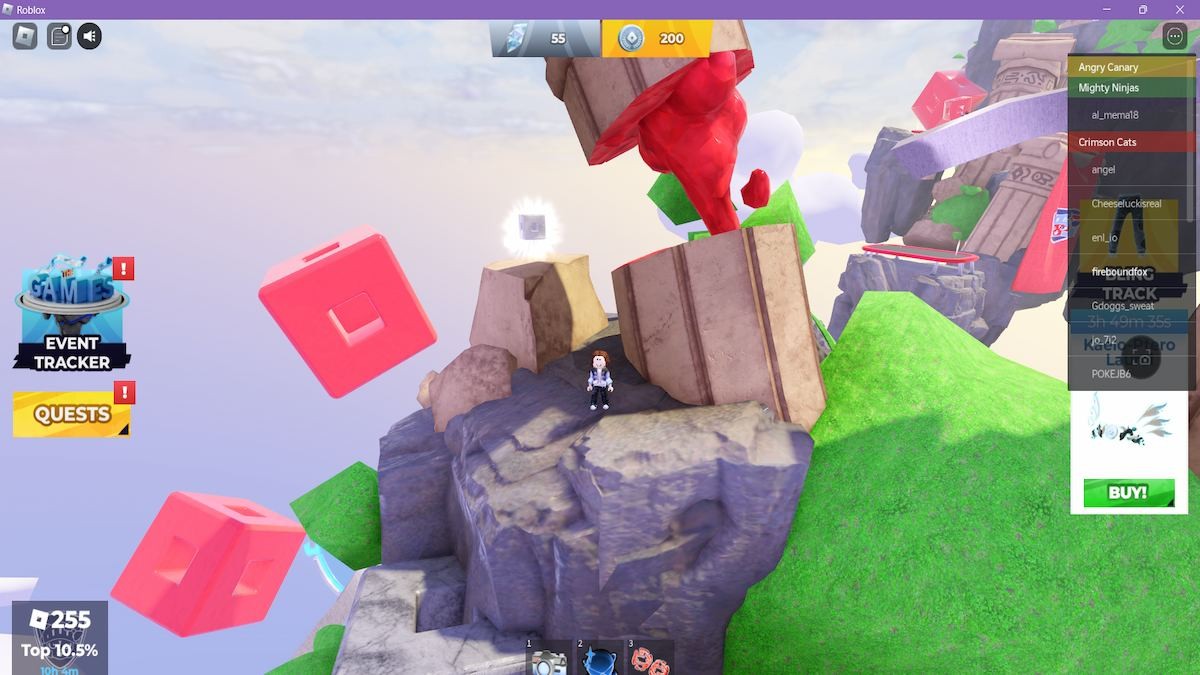 Khối logo Roblox cuối cùng màu đỏ nằm trên đỉnh căn cứ Crimson Cats gần cột trụ vỡ