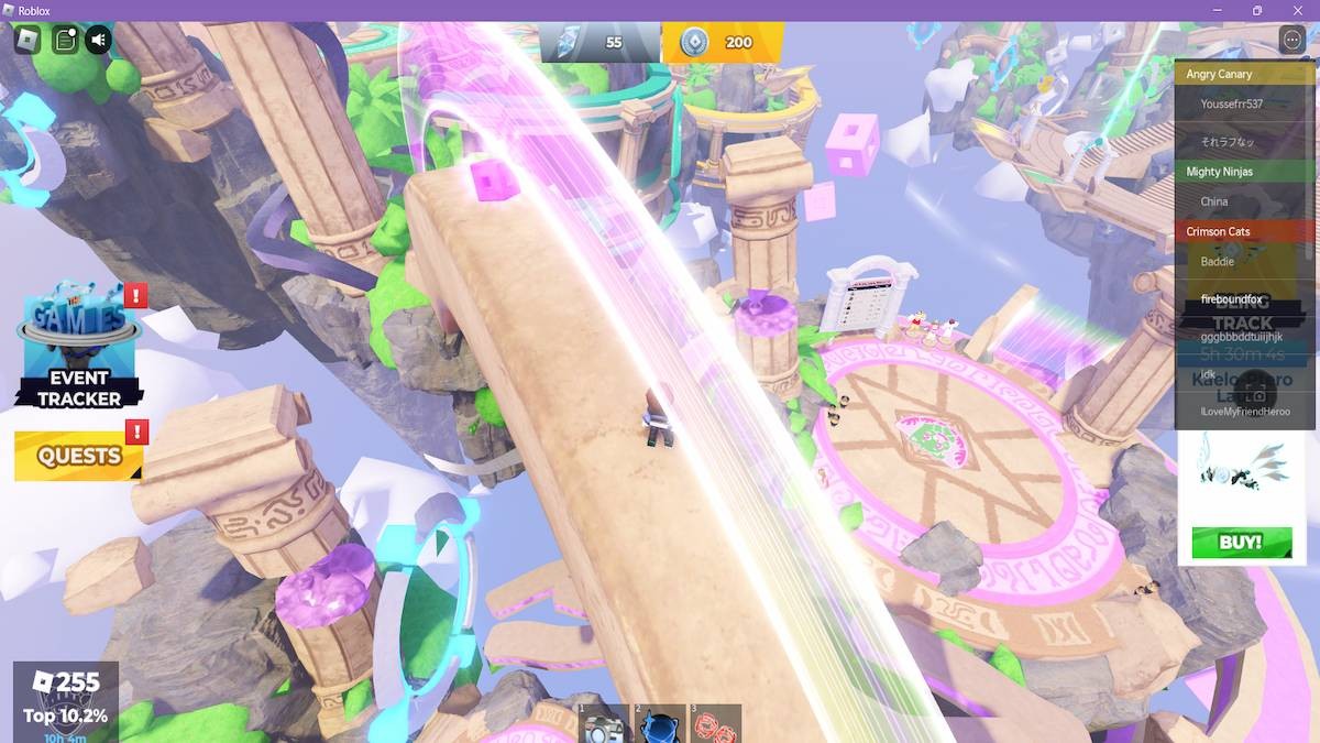 Khối logo Roblox màu hồng thứ ba nằm trên vòm cung trung tâm nhìn xuống căn cứ Pink Warriors