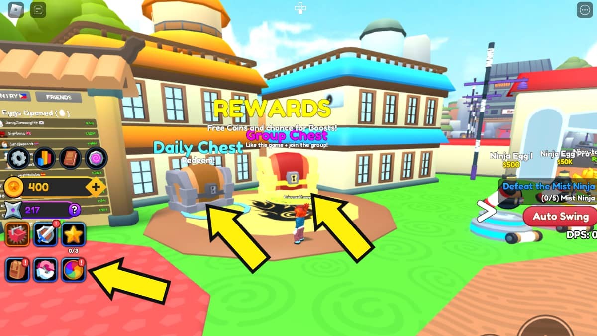 Khu vực nhận phần thưởng hàng ngày và nhóm trong Anime Sword Fighters Simulator
