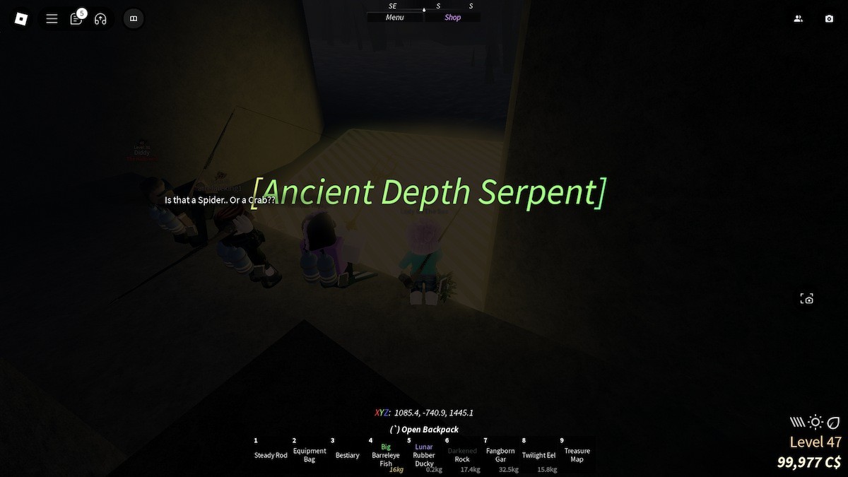 Khu vực phát sáng nơi Ancient Depth Serpent xuất hiện trong The Depths của Fisch Roblox khi dùng Fish Radar