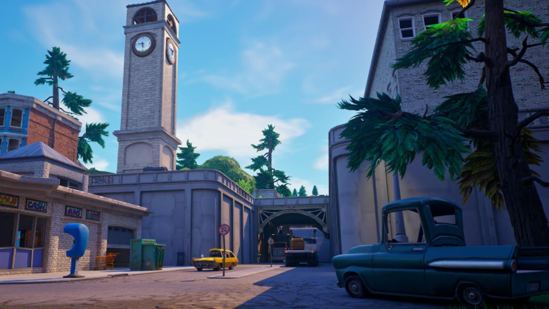 Khu vực Tilted Towers trong Fortnite OG với tháp đồng hồ đặc trưng