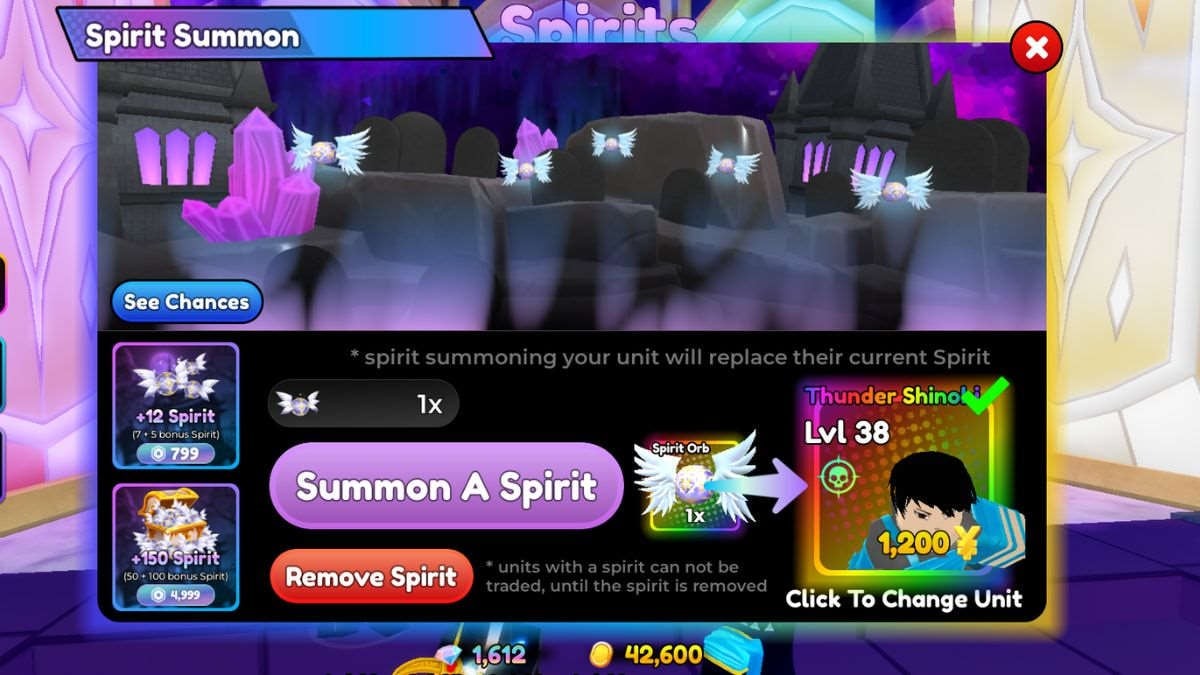 Khu vực triệu hồi Spirit trong Anime Defenders với các quả cầu ánh sáng