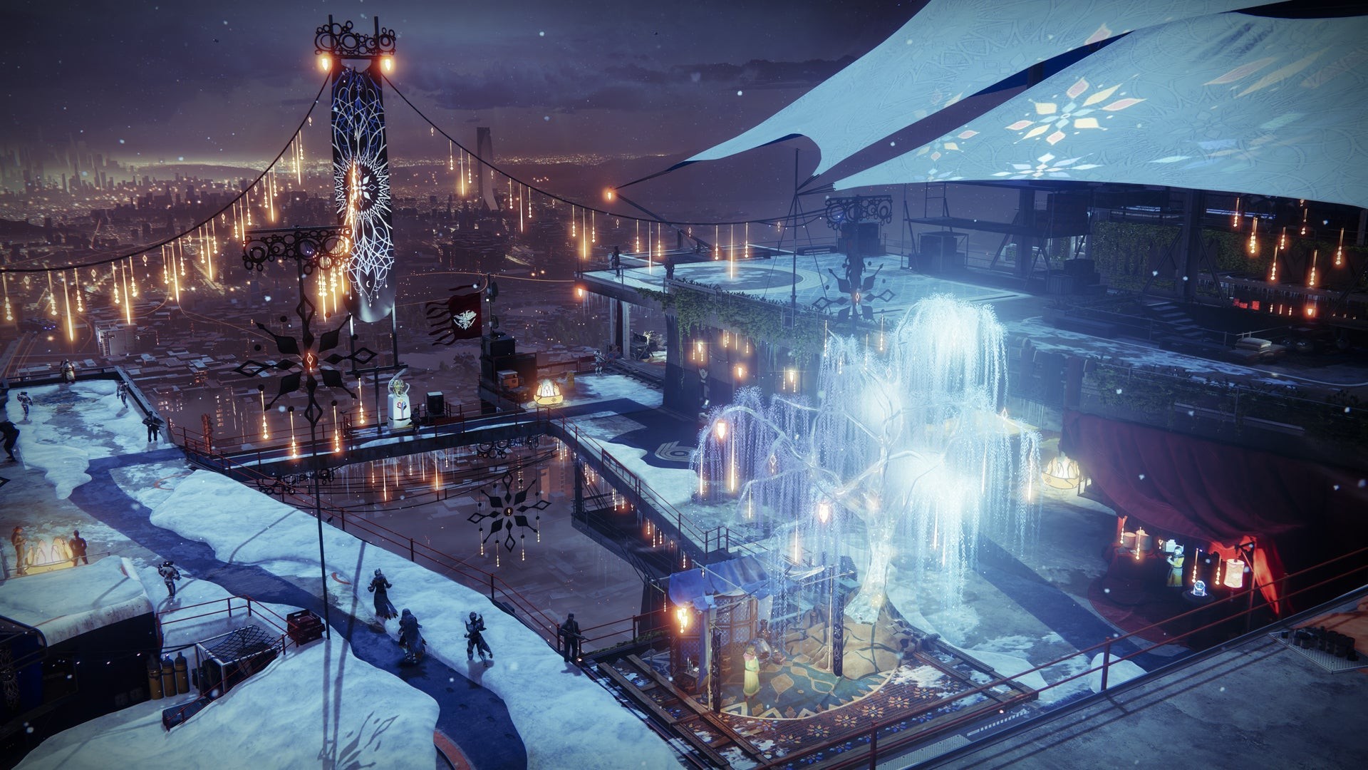 Khung cảnh The Tower được trang trí cho sự kiện The Dawning trong Destiny 2