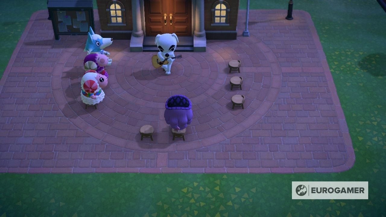 K.K. Slider ngồi chờ yêu cầu bài hát vào buổi tối thứ Bảy trong Animal Crossing