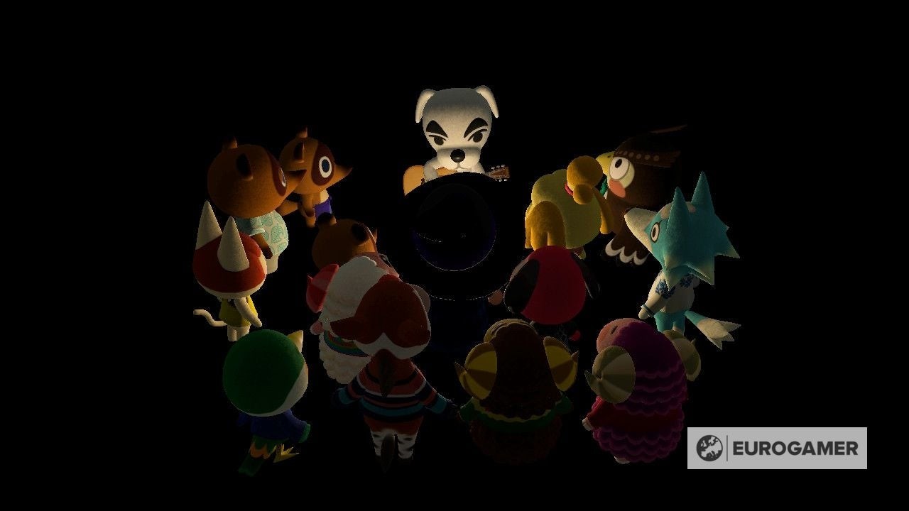 K.K. Slider ngồi chơi đàn bên bờ biển trong Animal Crossing