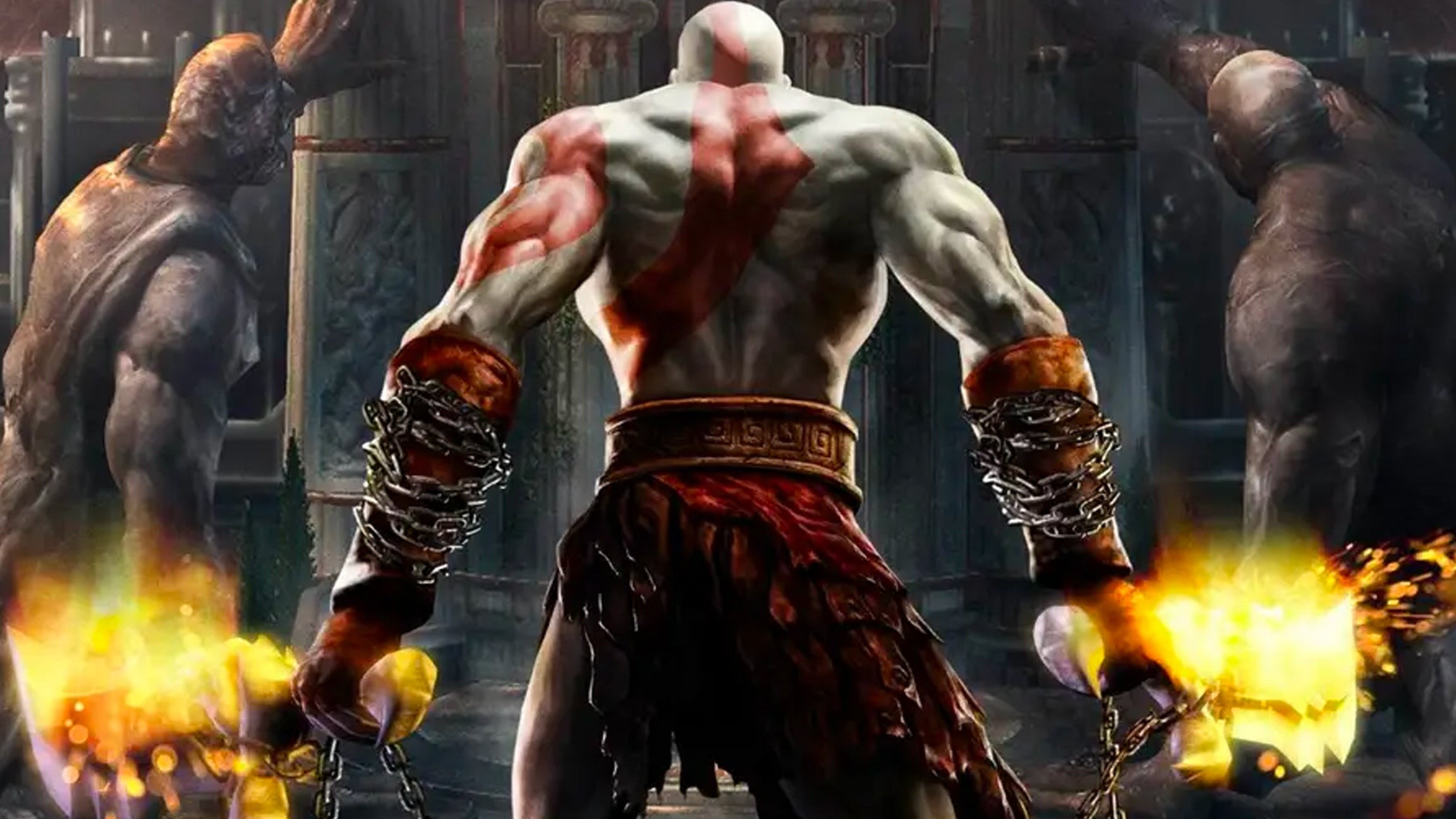 Kratos cầm hai vũ khí rực lửa trên bìa game PS2 kinh điển God of War 2