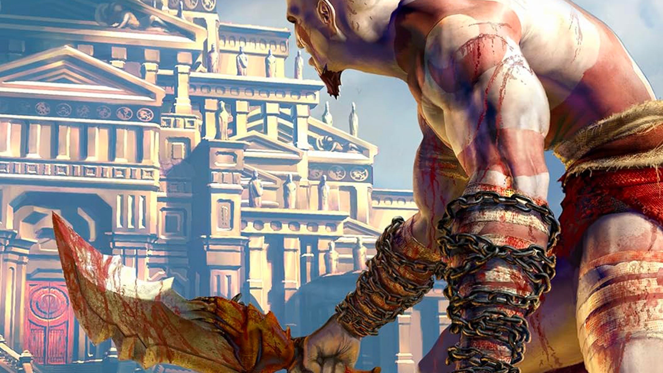 Kratos cầm vũ khí Blades of Chaos biểu tượng trên bìa game God of War gốc cho PS2