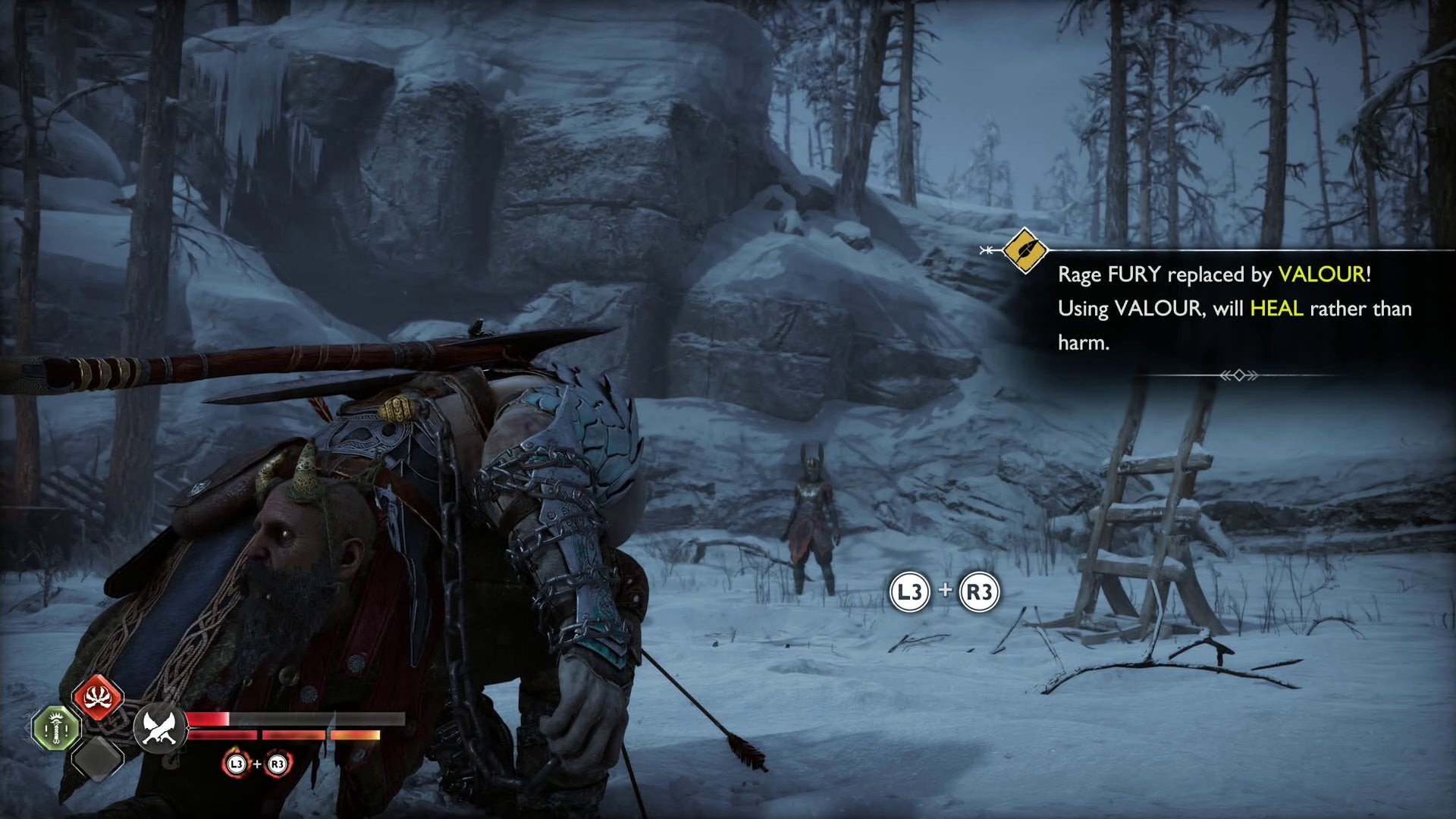 Kratos kích hoạt Valour Rage để hồi máu trong giai đoạn 2 đấu Vanadis