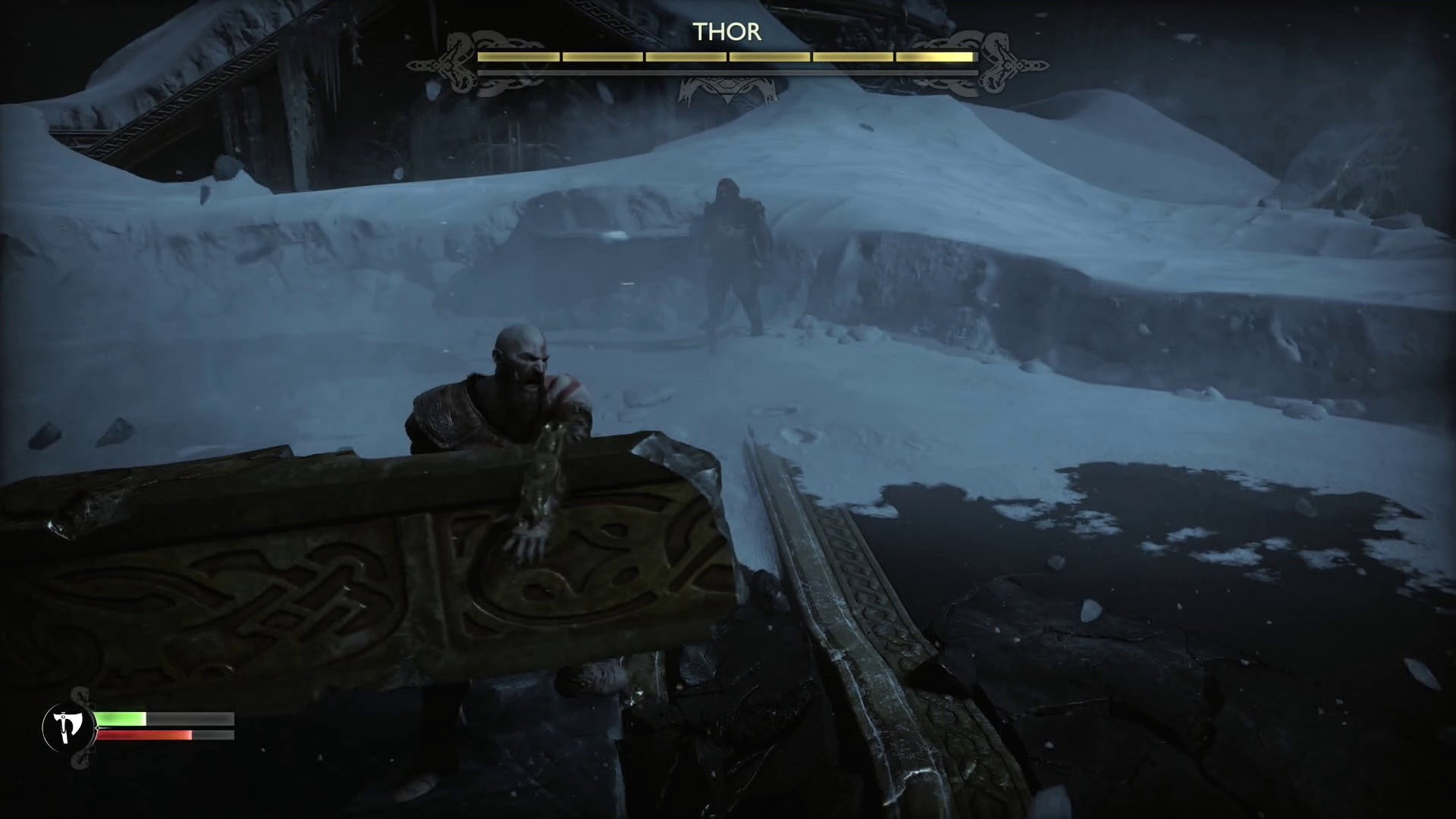 Kratos ném cột vào Thor trong giai đoạn 2
