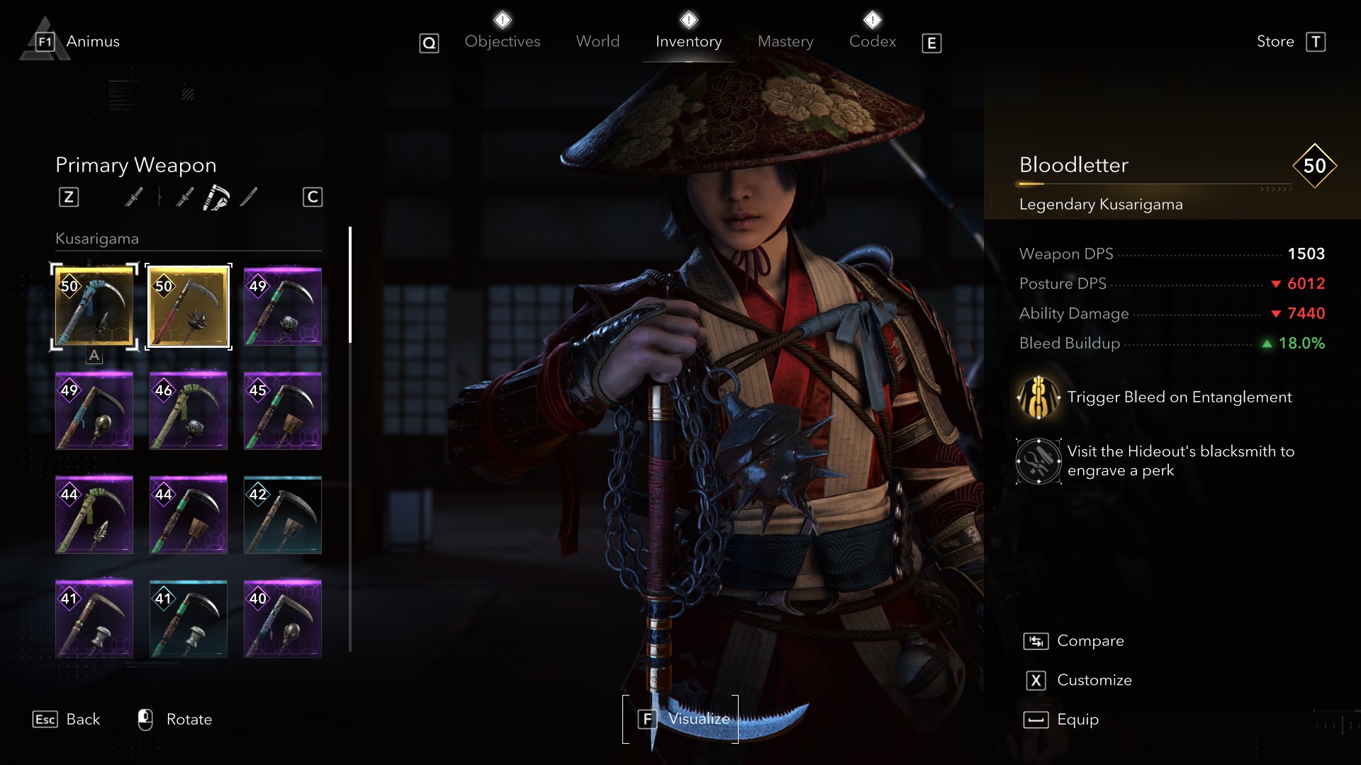 Kusarigama Bloodletter gây ra hiệu ứng Chảy Máu khi sử dụng Entanglement