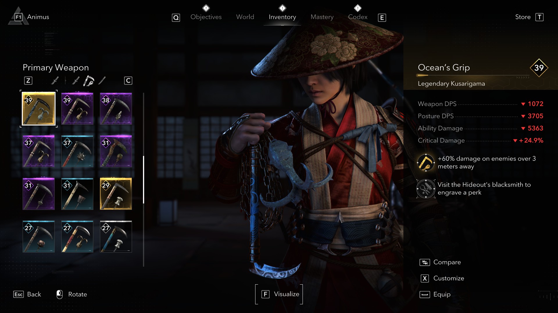 Kusarigama Ocean's Grip tăng sát thương khi kẻ thù ở xa