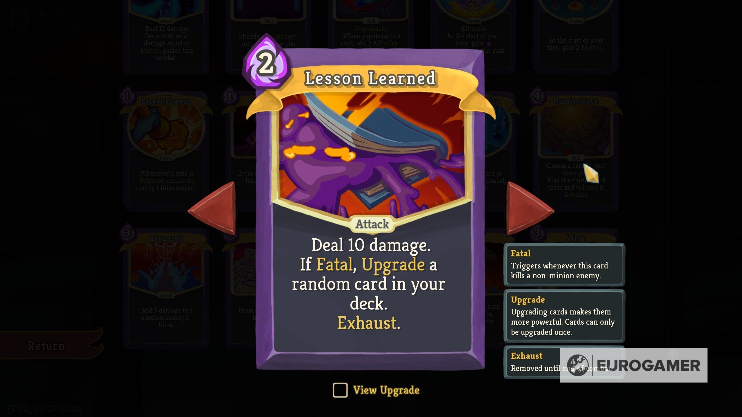 Lá bài Lesson Learned - Nâng cấp bài ngẫu nhiên khi kết liễu kẻ địch trong Slay the Spire