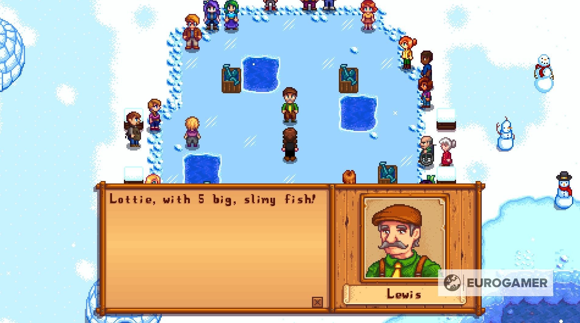 Lewis trao phần thưởng cho người chơi chiến thắng cuộc thi câu cá Lễ hội Băng Stardew Valley