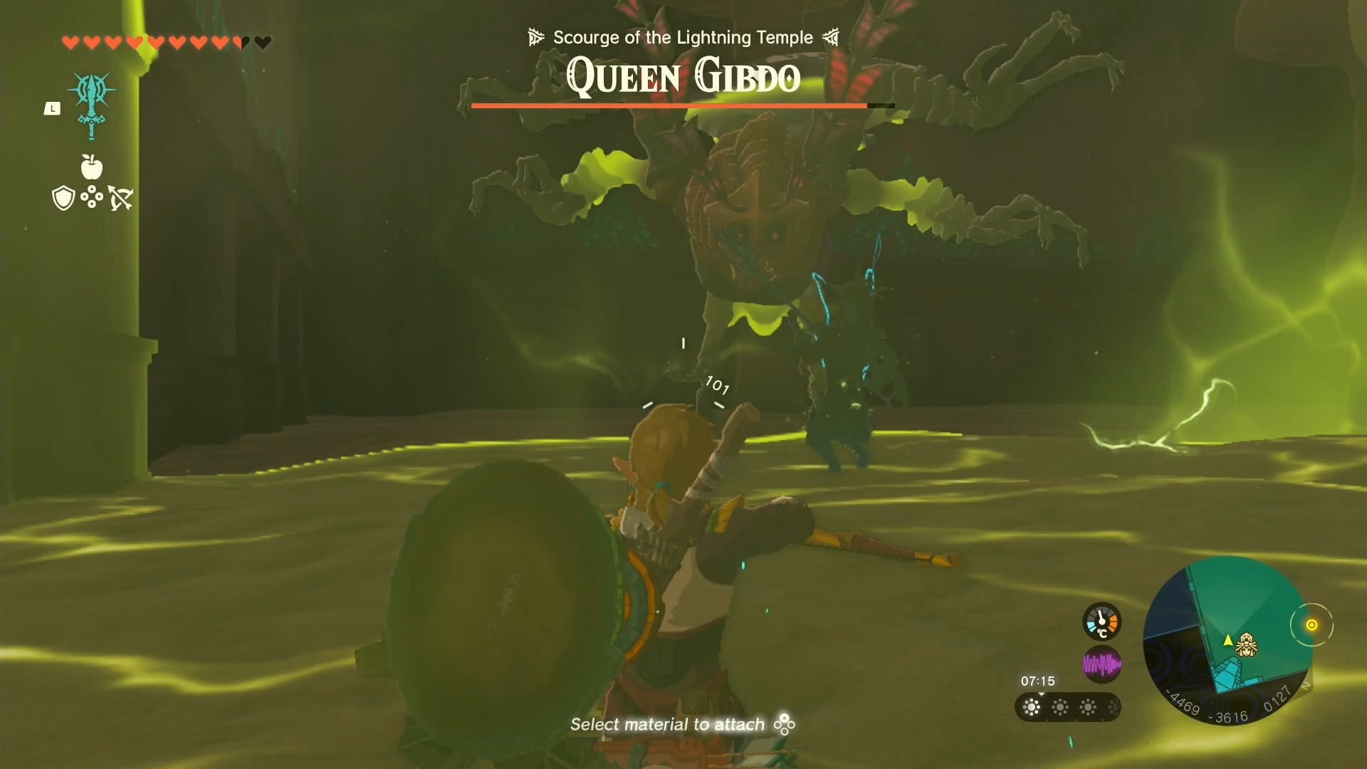 Link chuẩn bị bắn một mũi tên vào boss Queen Gibdo trong Tears of the Kingdom.