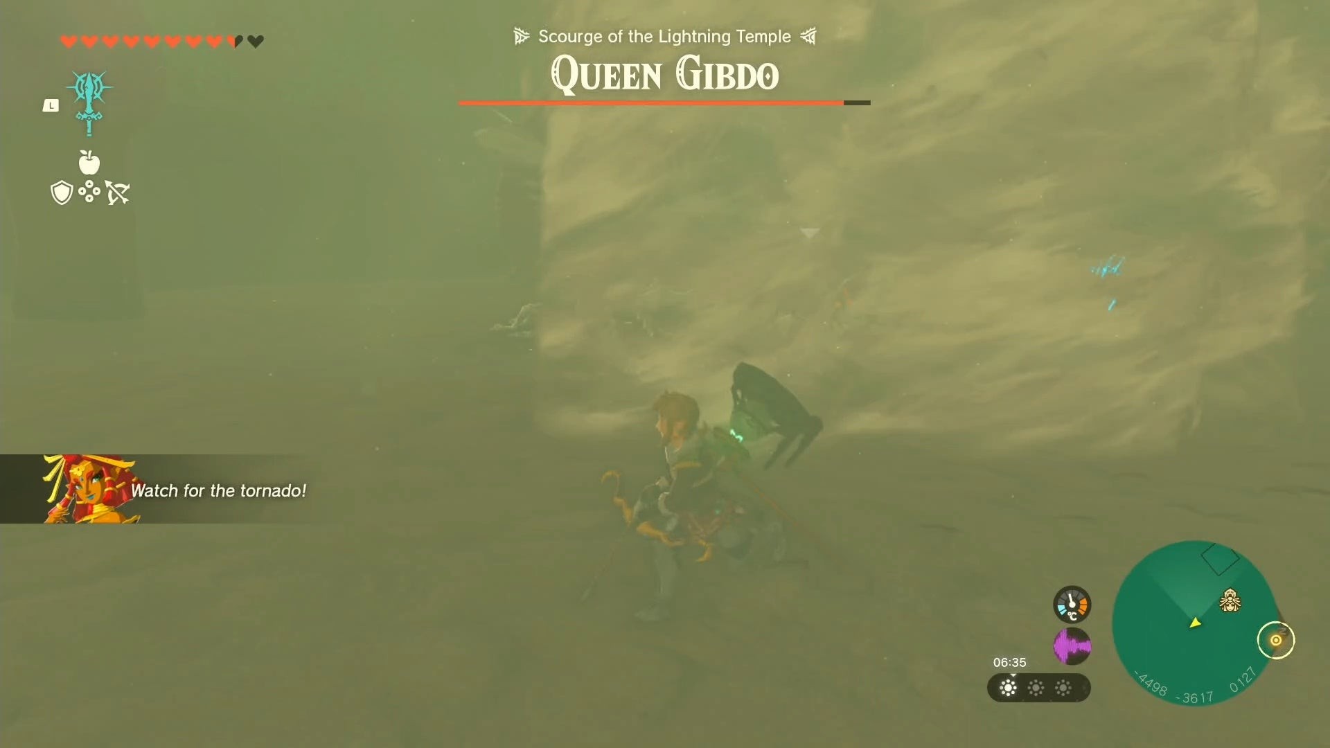 Link chuẩn bị đối mặt với đòn tấn công lốc xoáy từ Queen Gibdo trong The Legend of Zelda: Tears of the Kingdom.
